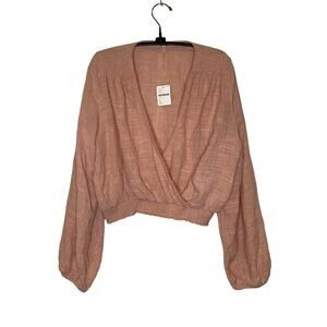 Free People Cherry Blossom Long Sleeve Low Surplice Neckline Crop Top NWT Sz Sm